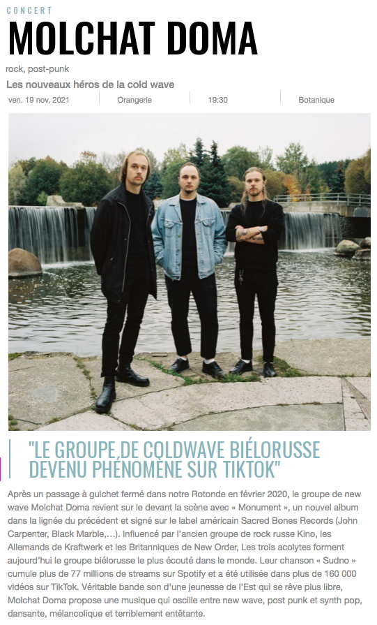 Page Internet. Botanique. Molchat Doma. Le groupe de coldwave biélorusse devenu phénomène sur TikTok. 2021-11-19